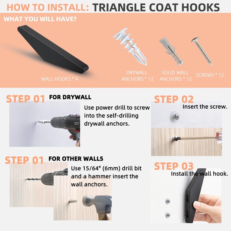GUWINA Metal Coat Hooks Wall Mounted Black, Solid Triangle Shape,