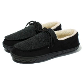MAINCH Mens Moccasin Slippers with Memory Foam Insoles Warm Furry Lining Indoor Outdoor Black Grey Size 12