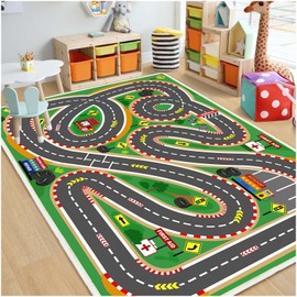 Lukhevev Kids Rug Playmat City Life Playroom Rug Toddler Activity Mat for Kids Toy Car Kids Carpet for Playroom Living Room Nursery Room Decor (Race-Green, 2.6x3.9ft)