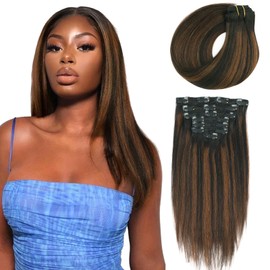 KIMSMTED 20 Inch Light Yaki Clip in Extensions Double Weft Clip in Hair Extensions Two Tone Natural Black to Light Auburn Yaki Clip Real Human Hair Extensions 7 Pcs 120 Grams