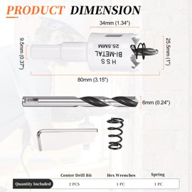 METALLIXITY Bi-Metal Hole Saw Kit 25.5mm (1"), M42 High Speed Steel Hole Cutter with Center Drill Bit, Hex Key and Spring - for Metal Sheet, Wood, Plastic Plate and PVC Board. White