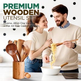 KAQISE 6PCS Non Toxic Wooden Cooking Utensil Set, Handcrafted Wood Soup Ladle, Pasta Fork, Skimmer Scoop, Flat Turner, Slotted Spatula Scraper for Pancake Fish Eggs,Heat Resistant Kitchen Tools