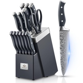 AMEGAT Knife Block Set, Knife Set with Advanced Self-Sharpening Technology, 14-Piece Waved Texture Kitchen Knife Set, Stainless Steel Knife Set with Block, Razor-Sharp Knives and Full Tang Handle