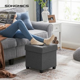 SONGMICS Storage Ottoman, Folding Storage Bench, Ottoman with Storage, Storage Ottoman Bench, for Living Room, Bedroom, 15 x 15 x 15.7 Inches, Dark Gray ULSF14GYZ