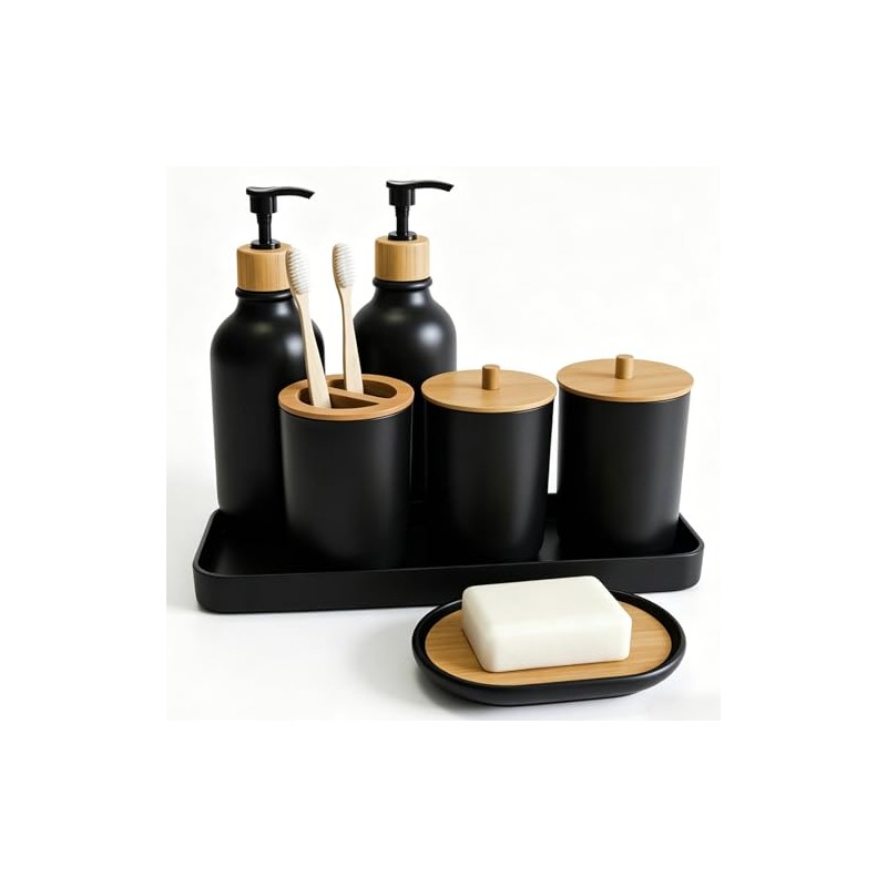 Juego de Accesorios de Baño 7 Piezas, PPBambú Impermeable, Incluye