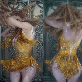 Sparkly Drag Queen Outfit Rhinestone Tassel Bodysuit Nightclub Show Stage Team Stretch Latin Jazz Salsa Dance Costumes (Golden)