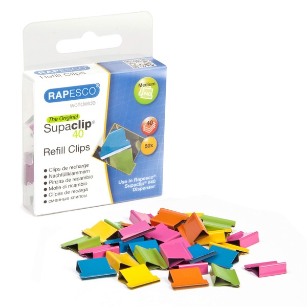 Rapesco Supaclip #40 Refill Clips Multicoloured, Pack of 50 (RC4050MC)