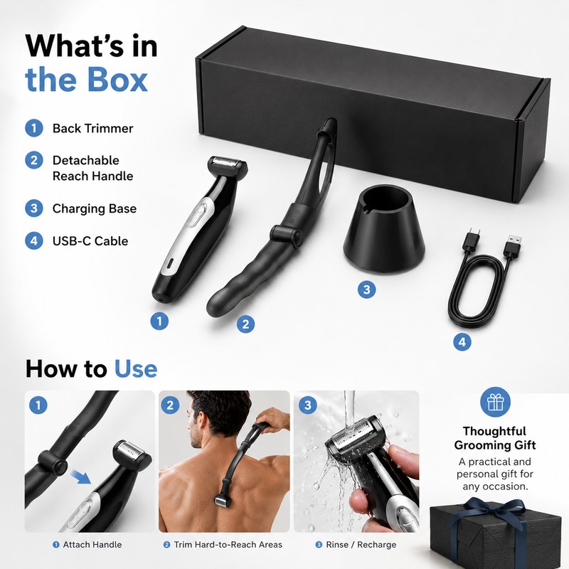 Electric Back Shaver for Men – Detachable Long Handle Body