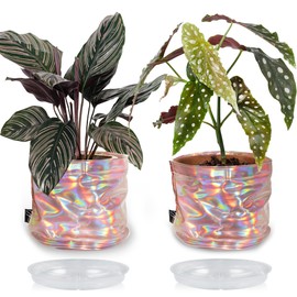 Urban Jaga 2 Pack Plant Pot Cover with Saucer - Decorative Basket - Closet Storage Bin Table Desk Organizer for Home Decor - Pastel Pink