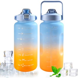 Botella de Agua 2 Litros,Botella para agua Deportiva con Popote, Escala de Hidratación y Pegatina 3D, Diseño Degradado Esmerilado, Sin BPA, Vaso Reutilizable para Correr Gimnasio Yoga Oficina y Viajes