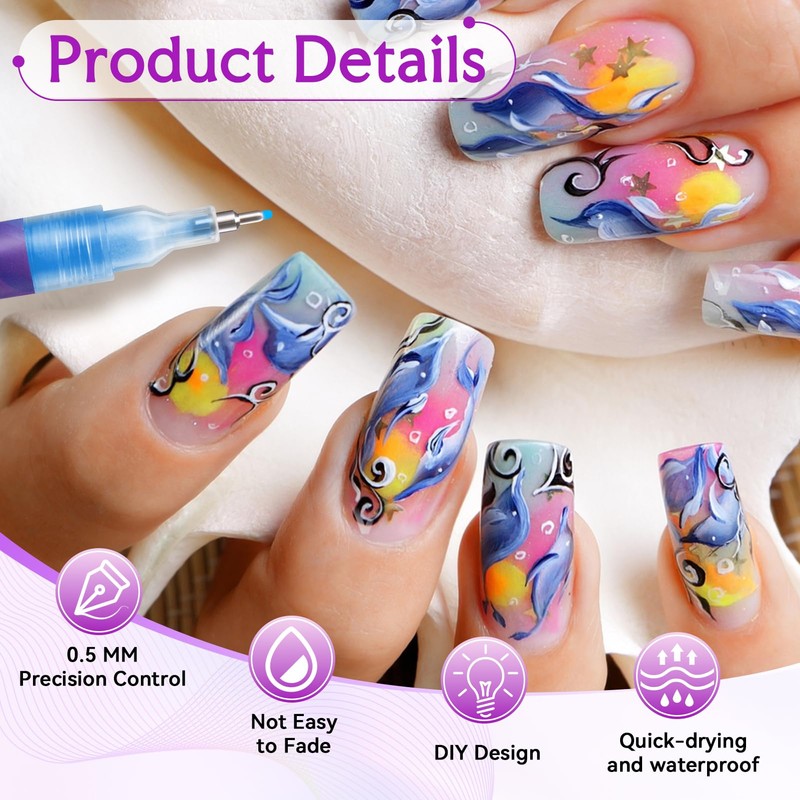 12 Color 0.5mm Nail Art Pens Set, Quick Dry for