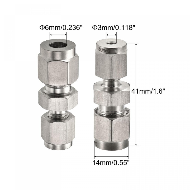 sourcing map Compression Tube Fitting 304 Stainless Steel 3mm x