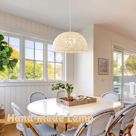 AyshwillDec 17.6 inch Cream Woven Pendant Light Wicker Pendant Lights 3-light Rattan Light Fixture Boho Chandelier Farmhouse Chandelier Dome Pendant Light for Dining Room Living Room Bedroom(Bulb Incl