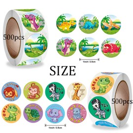 Pack of 1000 Dinosaur Stickers, Round Cartoon Animal Stickers, Dinosaur Stickers, Animal Stickers for Children, Dinosaur Reward Stickers, Children's Teacher Prize Motivation Stickers, 1 Inch