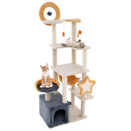 PETSITE 63 inch Cat Tree Tower, Multi-Level Cat Tower with Sisal Scratching Posts and Board, Cat Condo, Hammock, Star-Shaped Hanging Toys and Interactive Spring Ball, Cute Cat Tree for Indoor Cats