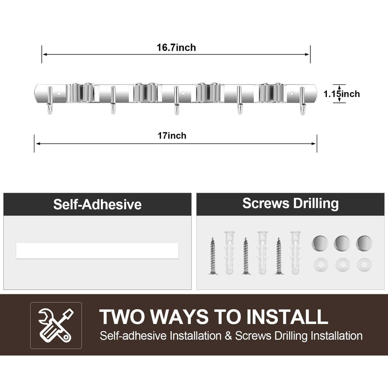 TOPSKINOY 2 Pack Broom Holder Wall Mount, Stainless Steel Broom