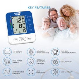 Get Fit Blood Pressure Monitor for Home Use - Medical Upper Arm Blood Pressure Monitor - Heart Rate Monitor - 2 x 99 Memory - Large Cuff for Adults - LCD Display - Blue - 35-52 cm
