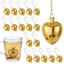 20 Pcs Gold Stainless Steel Tea Strainer Tea Ball Infuser, Heart Shape Mesh Filters with Extended Chain Hook, Loose Leaf Steeper Interval Diffuser for Brew Loose Leaf Teas and Seasonings & Spices