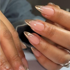 Gold French Tip Press on Nails Almond Medium,SXVME Fake Nails Glue on Nails Medium Stiletto,Gel Nails Acrylic Nails Press ons,Medium False Nails Stick on Nails for Women 24 Pcs