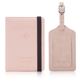 Leather Passport Cover Holder and Luggage Tag Set, Passport Holder with Vaccine Card Slot and Luggage Tag, Passport Holder with Suitcase Tag for Women Men Couples (Pink)