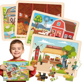 Wooden Farm Puzzles for Kids Age 3 4 5 Year Old, 4 Pack 24 Pcs Montessori Toddler Jigsaw Puzzles for Girl boy Activities Preschool Learning Educational Birthday Gift