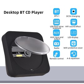 BT5.1 CD Player Portable Music Player FM Radio Desktop CD Runner LED Display 6 Modes A-B Repeat Timer Remote Control