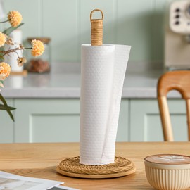 Leinuosen Rattan Paper Towel Holder Woven Wood Paper Towel Stand with Anti Skid Base Boho Holder Dispenser Stand for Kitchen Bathrooms Countertop Decor