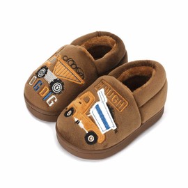 ESTAMICO Boys Girls Warm Slippers Cartoon Rocket Kids Winter Indoor Household Shoes, Brown 12.5-13 Little Kid