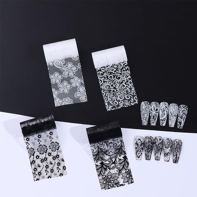10 Stickers/Box White Nail Foil Lace Black Flower Spring Starry