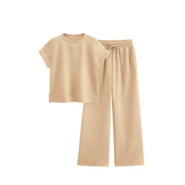 PRETTYGARDEN Women's 2 Piece Tracksuit 2025 Summer Short Sleeve Pullover Tops And Drawstring Wide Leg Pants Outfit (Beige, Medium)