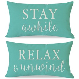 PANDICORN Decorative Throw Pillow Covers 12x20 Inch Set of 2 Stay Awhile Relax & Unwind Turquoise Outdoor Beach Porch Patio Decorations Lumbar Cushion Cases for Home Living Room Sofa Couch Decor