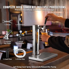 Happybuy Kegerator Tower Kit, Single Tap Beer Dispenser, Stainless Steel Keg Beer Tower with Dual Gauge Regulator & D-System Coupler, Drip Tray for Home Parties