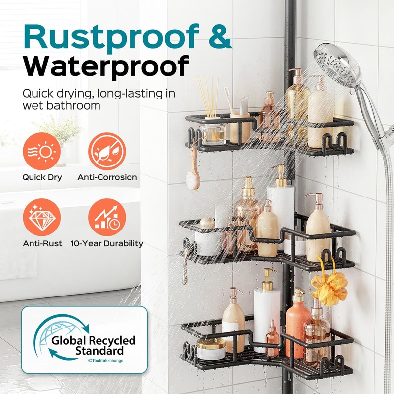 Shower Caddy Tension Pole: 4-Tier Adjustable Corner Organizer Black