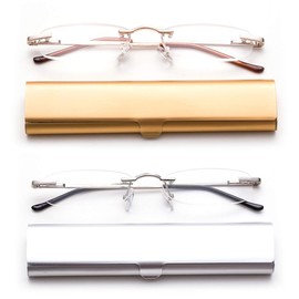 2 Pack Compact Reading Glasses in Tube Slim Rimless Reader in Aluminum Case