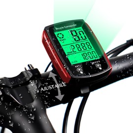 Inalámbrica Ciclocomputador Multifunción con Pantalla LED Retroiluminación, Resistente al Agua IPX7, Velocimetro Bicicleta, Odómetro, Medidor de Distancia, Calorías, Tiempo y Temperatura (Rojo)