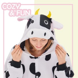 NEWCOSPLAY Animal Onesie Costume Adult Pajamas Plush One Piece Cosplay Costume(Cow,Small)