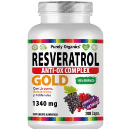 Anti Ox complex, Suplemento Antioxidante. Resveratrol con Polifenoles, Betacaroteno, Licopeno y Vitamina C. Purely Organics Resveratrol Gold 1340mg. Cápsulas Veganas. (1 UNIDAD DE 200 CÁPSULAS)