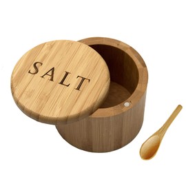 VICUKIE Salt Cellar, Bamboo Salt Box, Salt Container With Spoon, Salt Holder With Lid, Salt Shaker, Cumin and Pepper Bowl with Magnetic Swivel Lid (1 box with engraved Salt)… (SALT engraved)