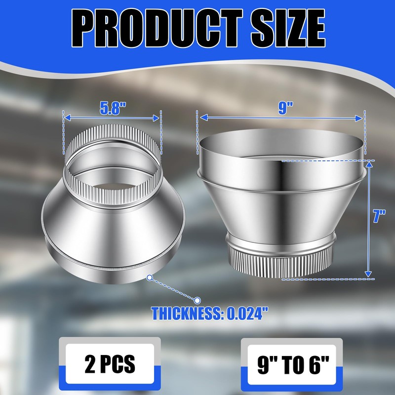 2 Pcs 9" to 6" Duct Reducer Galvanized Steel Increaser