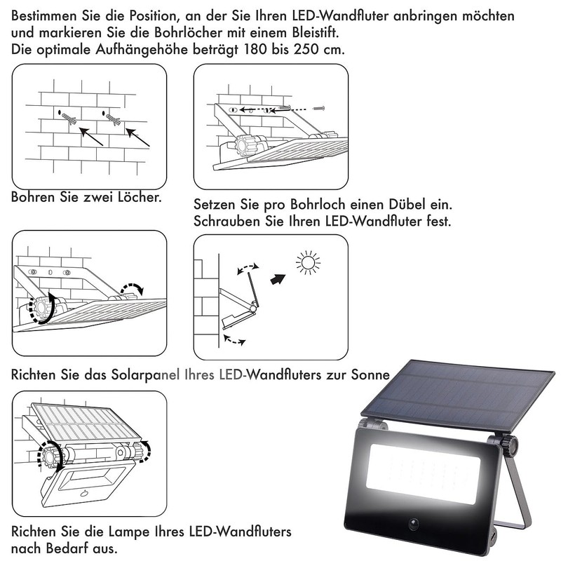 Luminea LED Floodlight: Solar LED Wall Floodlight with Motion Sensor,