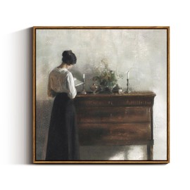 VIYYIEA Vintage Square Framed Wall Art, Woman Standing Reading Paintings Decor Aesthetic, 24x24 Inch Canvas Print Artwork, Retro Portrait Wall Pictures for Bedroom Living Room