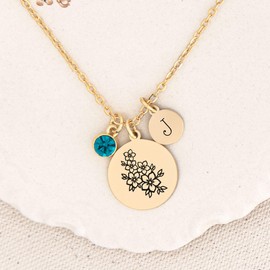Fern & Filigree Cherry Blossom Necklace for Women, Flower Birthstone Initial Necklace, Gift for Mom, Daughter, Bestie, Wife for Mother's Day, Birthday, Christmas, Wedding