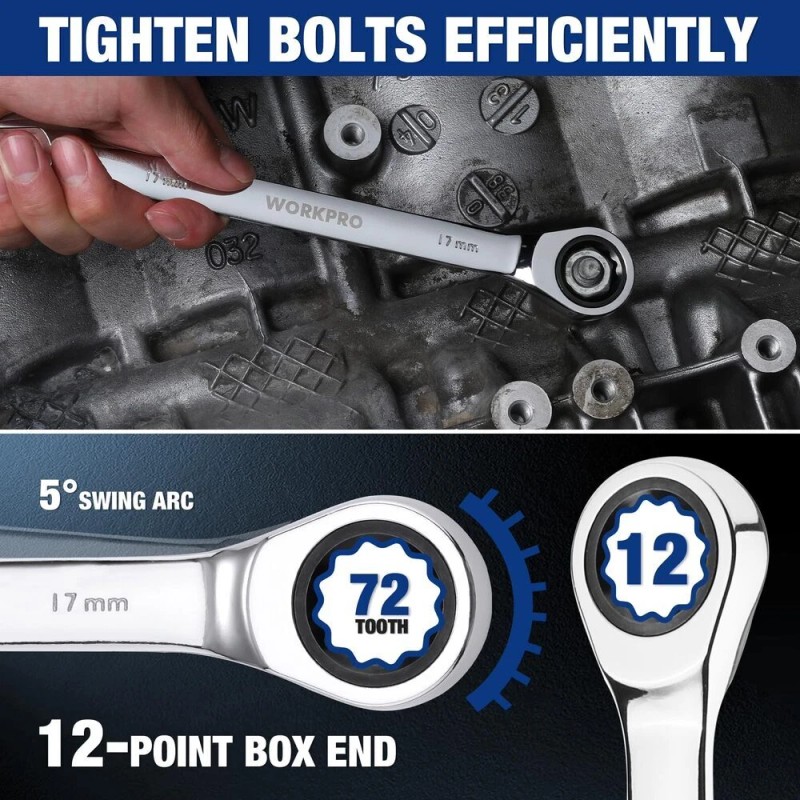 WORKPRO Ratcheting Combination Wrench Sets 7PCS Metric 8mm-17mm w/Organizer Rack