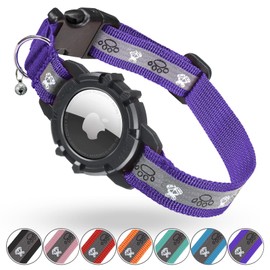 Odokele Reflective AirTag Cat Collar, Integrated Cat Tracker Collar with Air Tag Holder and Bell, Safety Elastic Band Cat GPS Collars for Girl Boy Cats, Kittens and Puppies (Purple, S)