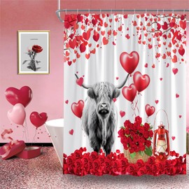 YNFUQANLN Valentine's Highland Cow Shower Curtain Red Heart Rose Funny Grey Animal Tree Love Farmhouse Romantic 70" Wx70 H Fabric Bathroom Decor Curtain with Hooks