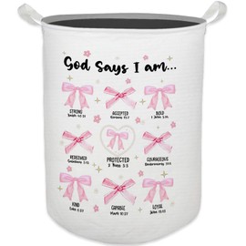 HKTZM God Says I Am Pink Bow Laundry Basket, Toybox for Girls Room, Pink Christian Laundry Basket Hamper Waterproof Collapsible Clothes Toys Storage Bin Organizer for Bedroom Bathroom Girls Room Dorm