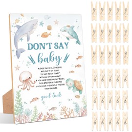 Under The Sea Don't Say Baby Clothespin Game, Pack of 1 Wooden Tabletop Sign with Stand and 50 Mini Natural Clothespins, Sea Creatures Ocean Baby Shower Game, Gender Reveal Party Decorations - QX14