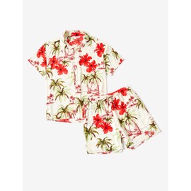 PATPAT Matching Family Outfits Hawaiian Couples Summer Cute Vacation Tropical Coconut Palm and Red Flower Print Button Down Beach Shirts and Shorts Cruise Outfits for Women 2024 M
