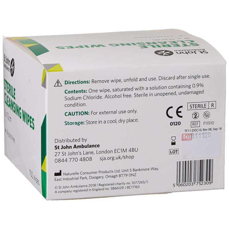 St John Ambulance F115100 Sterile Cleansing Wipes, Pack of 100