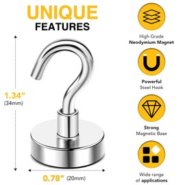 DIYMAG Magnetic Hooks, 50 LB Heavy Duty Magnet with Hook, 10 Packs Strong Rare Earth Neodymium Magnets for Hanging, Magnetics Hanger for Curtain, Home, Kitchen, Workplace